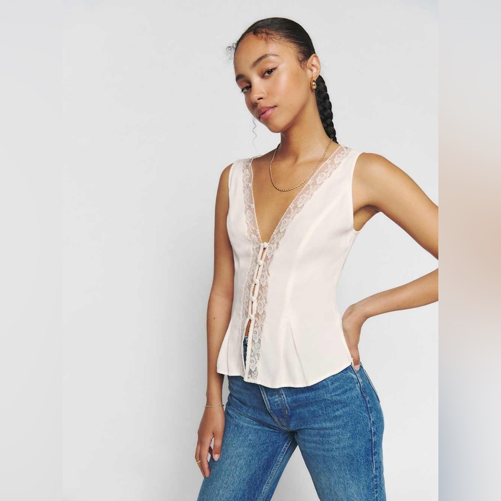 Reformation Cream Lace Trim Blouse